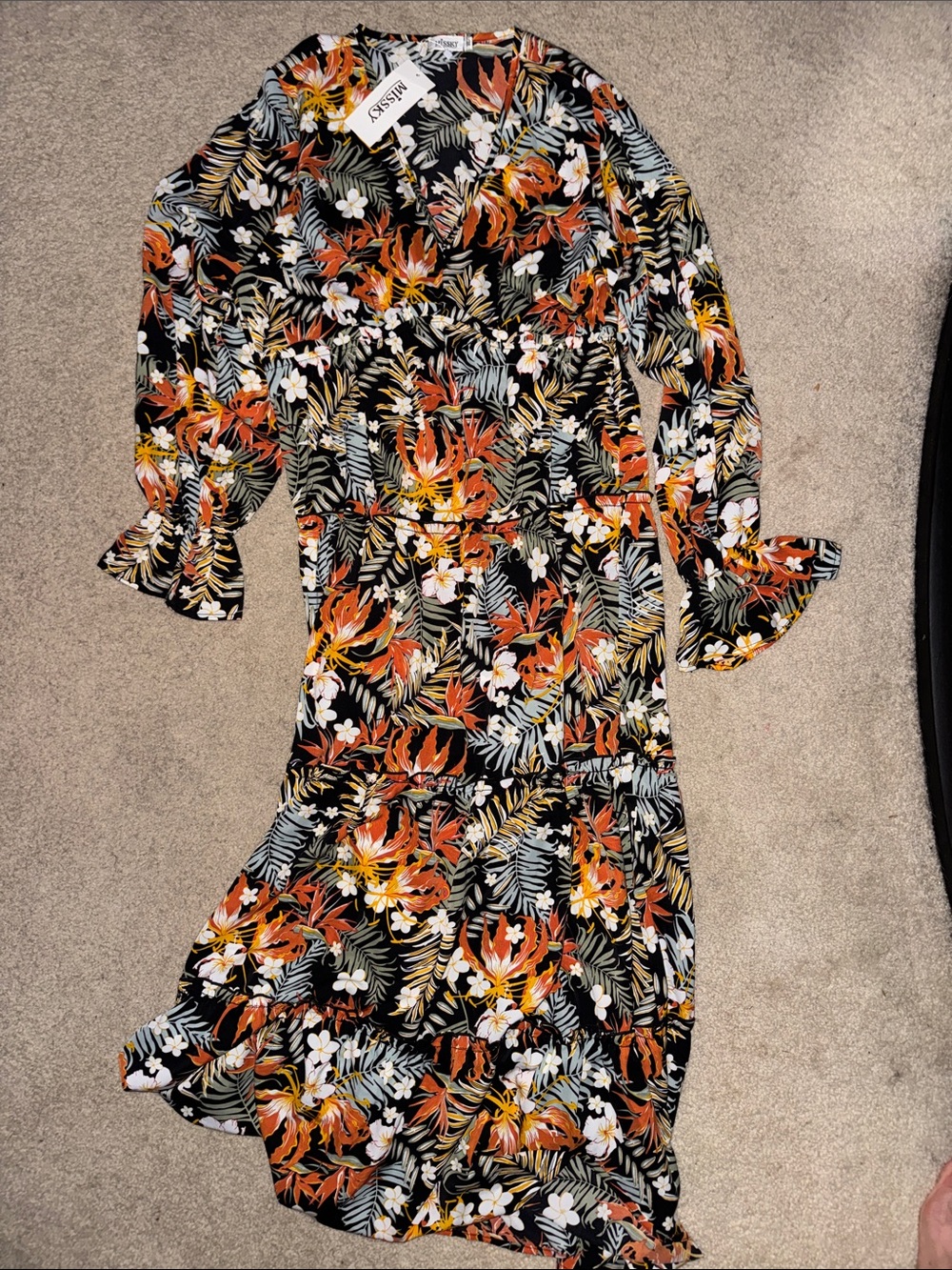Floral V-Neck Long-Sleeve Midi Dress — Black with Orange & White Bloom